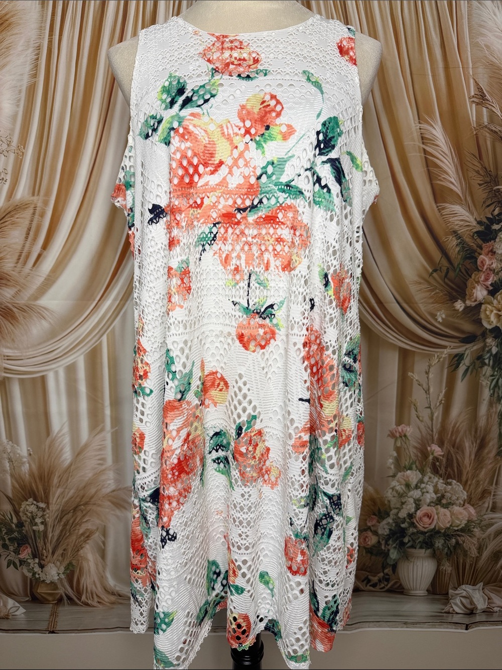 R&K White Crochet Dress with Coral Floral Trim